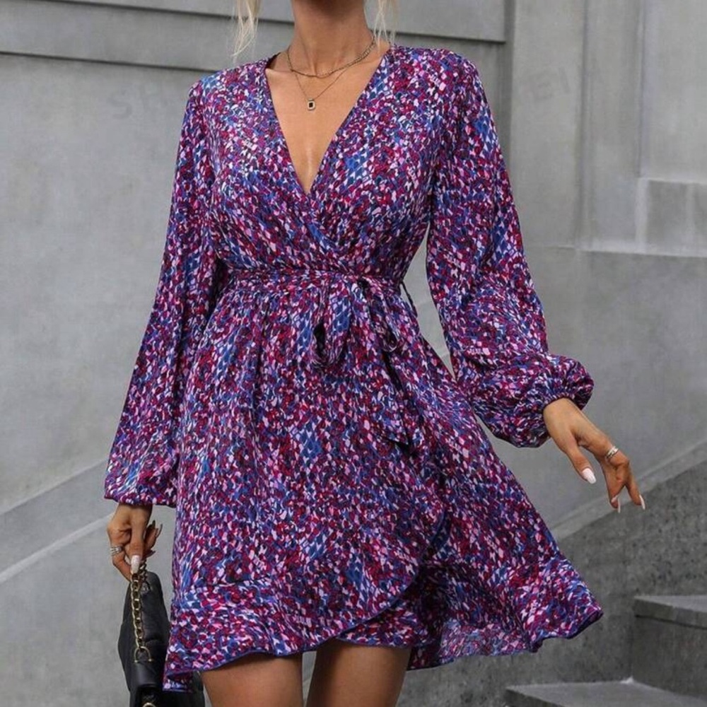 V-Neck Allover Print Wrap Tie Waist Long Sleeve Dress